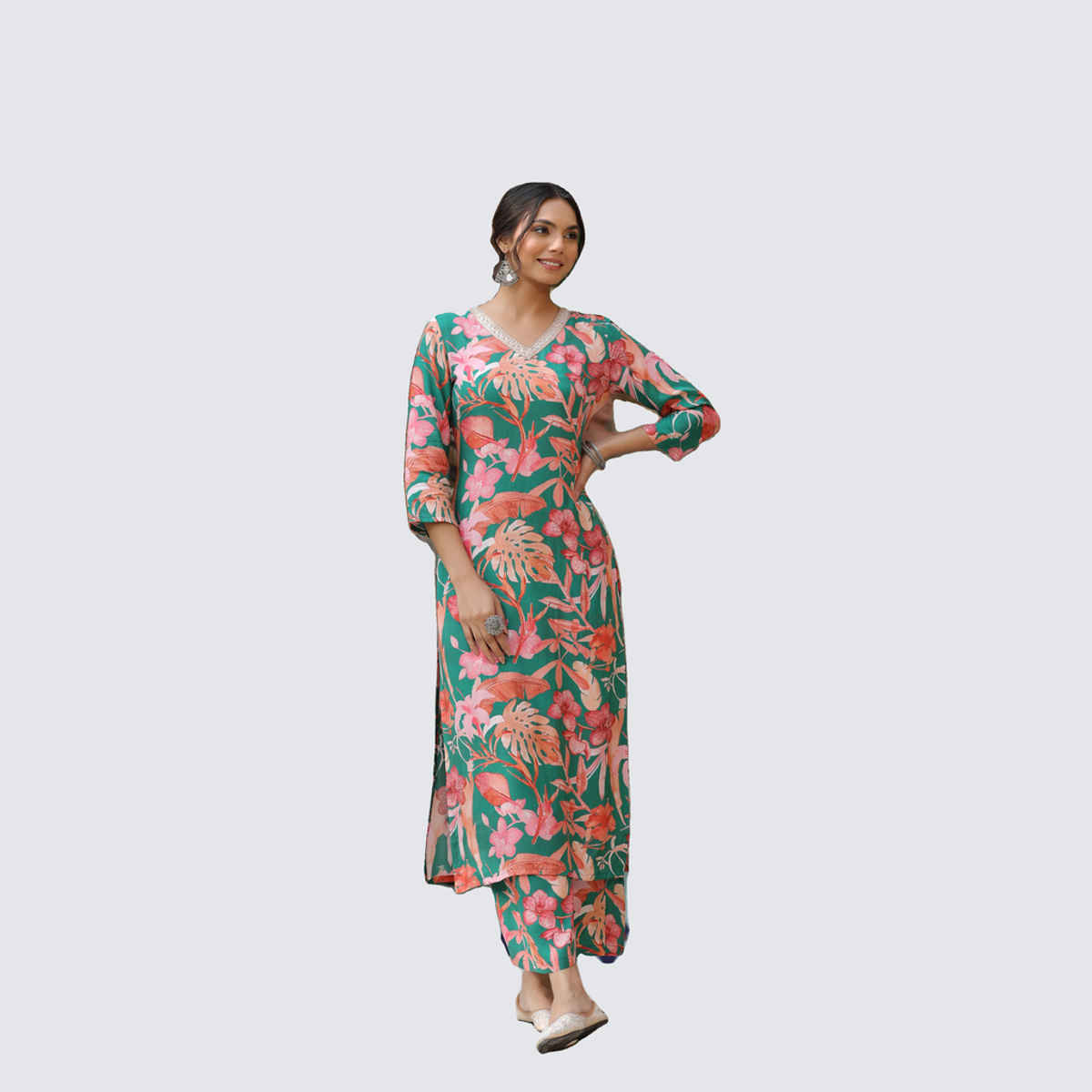GoSriKi Women's Rayon Blend Straight Printed Kurta with Palazzo | CHINKI | Green - XL