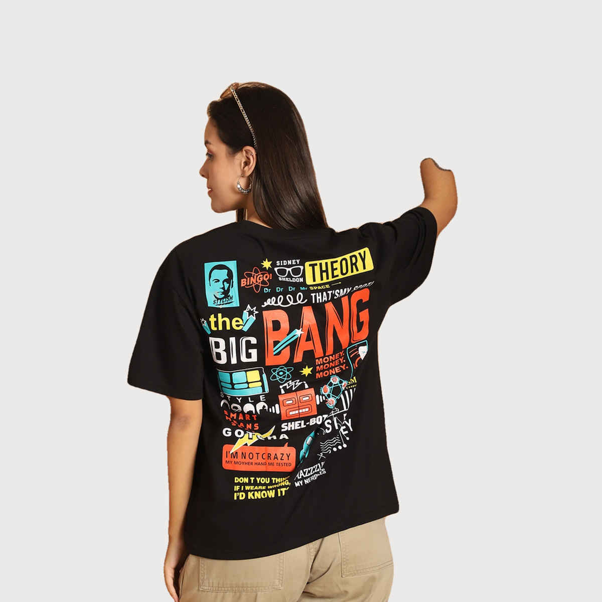 Fabflee Women Oversize Cotton Printed Round Neck Tshirt | Black | FAB-OS-504 | L