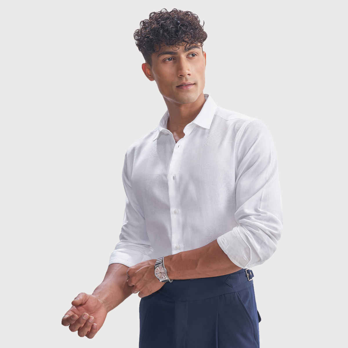 HIGHLANDER Men's Jacquard Textured Solid Evening Party Slim Fit Shirt | White - L