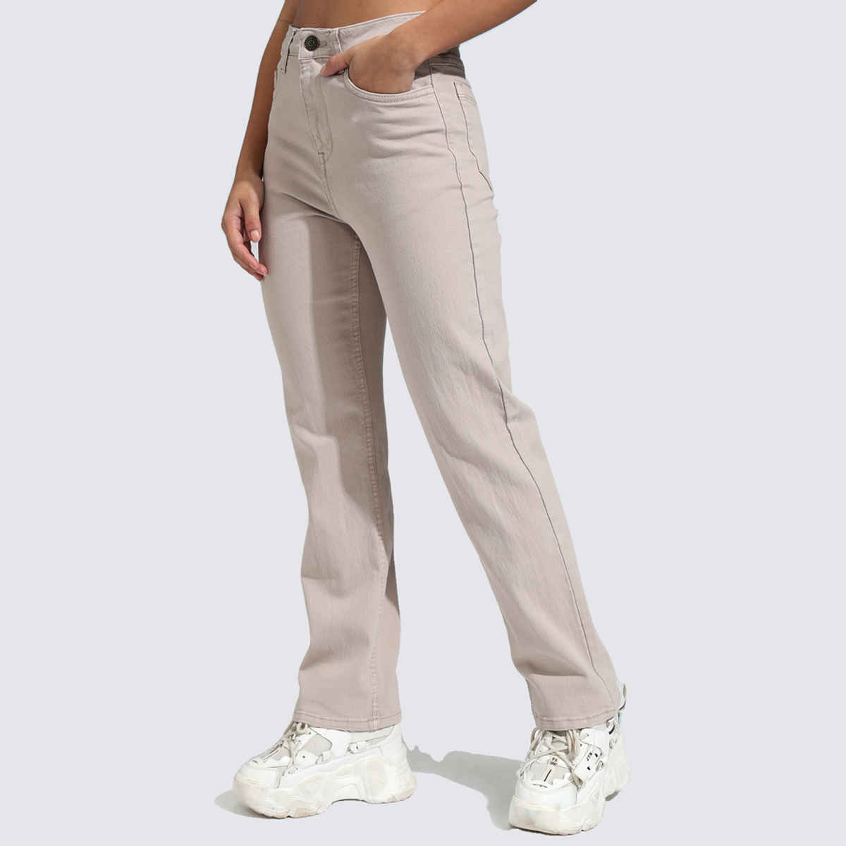 Tokyo Talkies Women's Straight Fit High - Rise Stretchable Jeans| Beige - 28