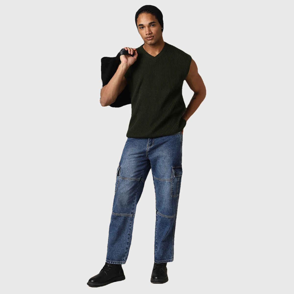 Hubberholme Men's V-Neck Sleeveless Vest Relaxed Fit Pullover | Carbon Black - M