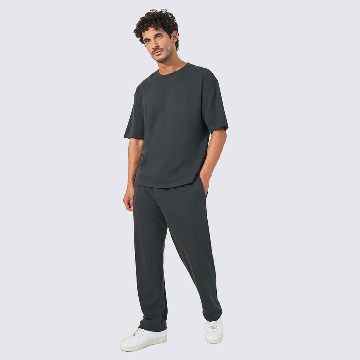 Styli Men's Co-ord Set with Typographic Oversized T-shirt and Open Hem Jogger | Grey - S