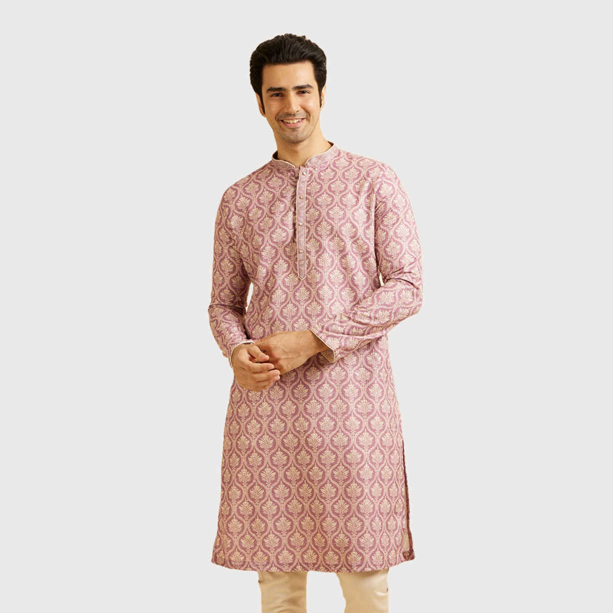 Manyavar Pink Blended Cotton Printed Kurta Set | S