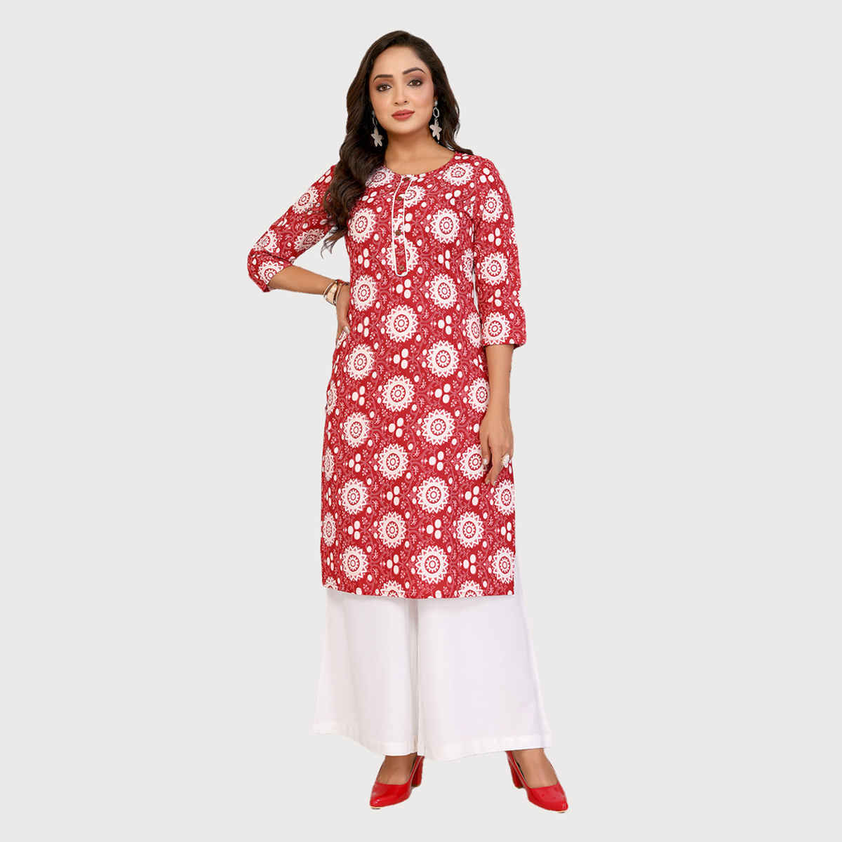 Rangita Women's Rayon Printed Straight Knee Length Kurta | Maroon - L