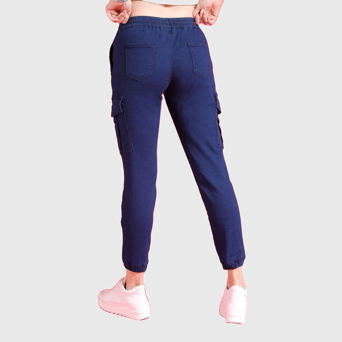 Freehand Women's Mid-Rise Dark Washed Joggers With Elasticated Drawstring At Waist | Blue - 30