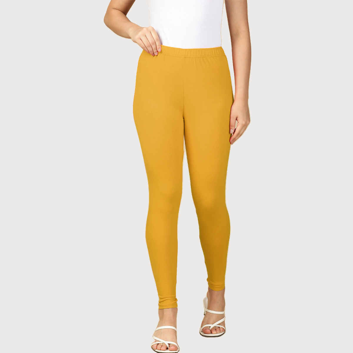 PYNK By Lux Cozi Flexi-Fit 360 Stretch Ankle Length Premium Cotton Leggings | Yellow | Free Size