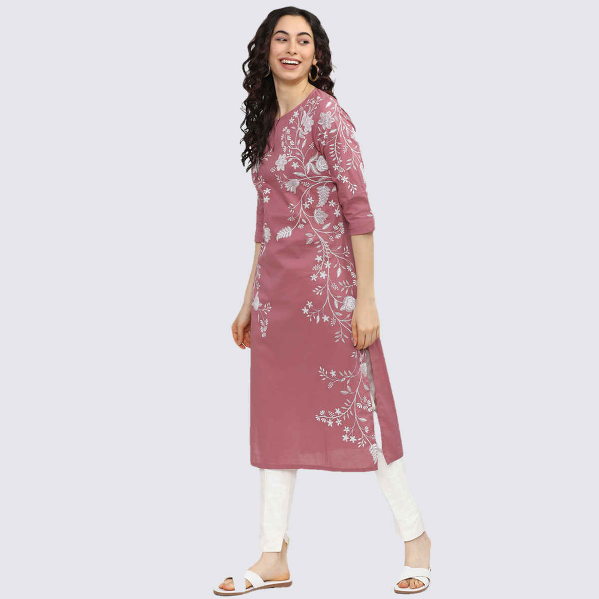 Vishudh Women's Floral Printed Keyhole Neck Kurta | VNKU011650 | Pink - XL