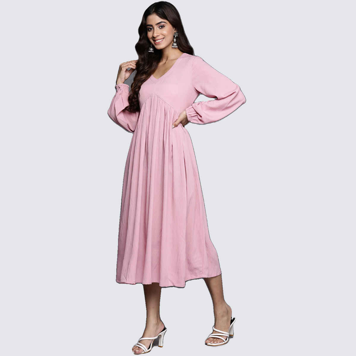 Varanga WoMen's V-Neck Bishop Sleeves Gathered Calf Length A-Line Dress with Flared Hem | Pink -2XL
