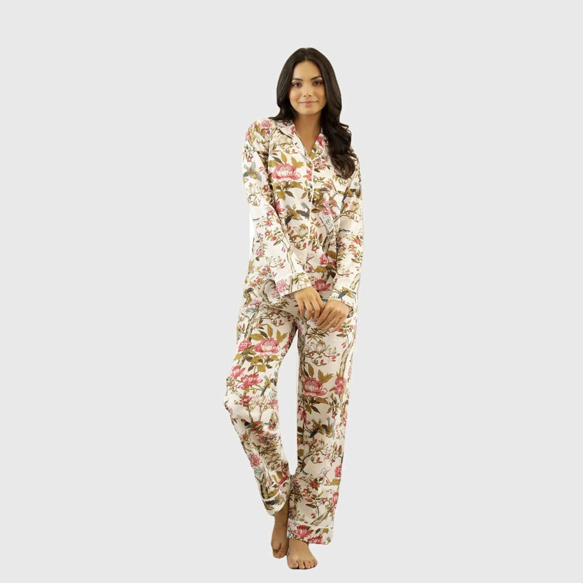 Sanskrutihomes Women's Printed Cotton Night Suit | White - S