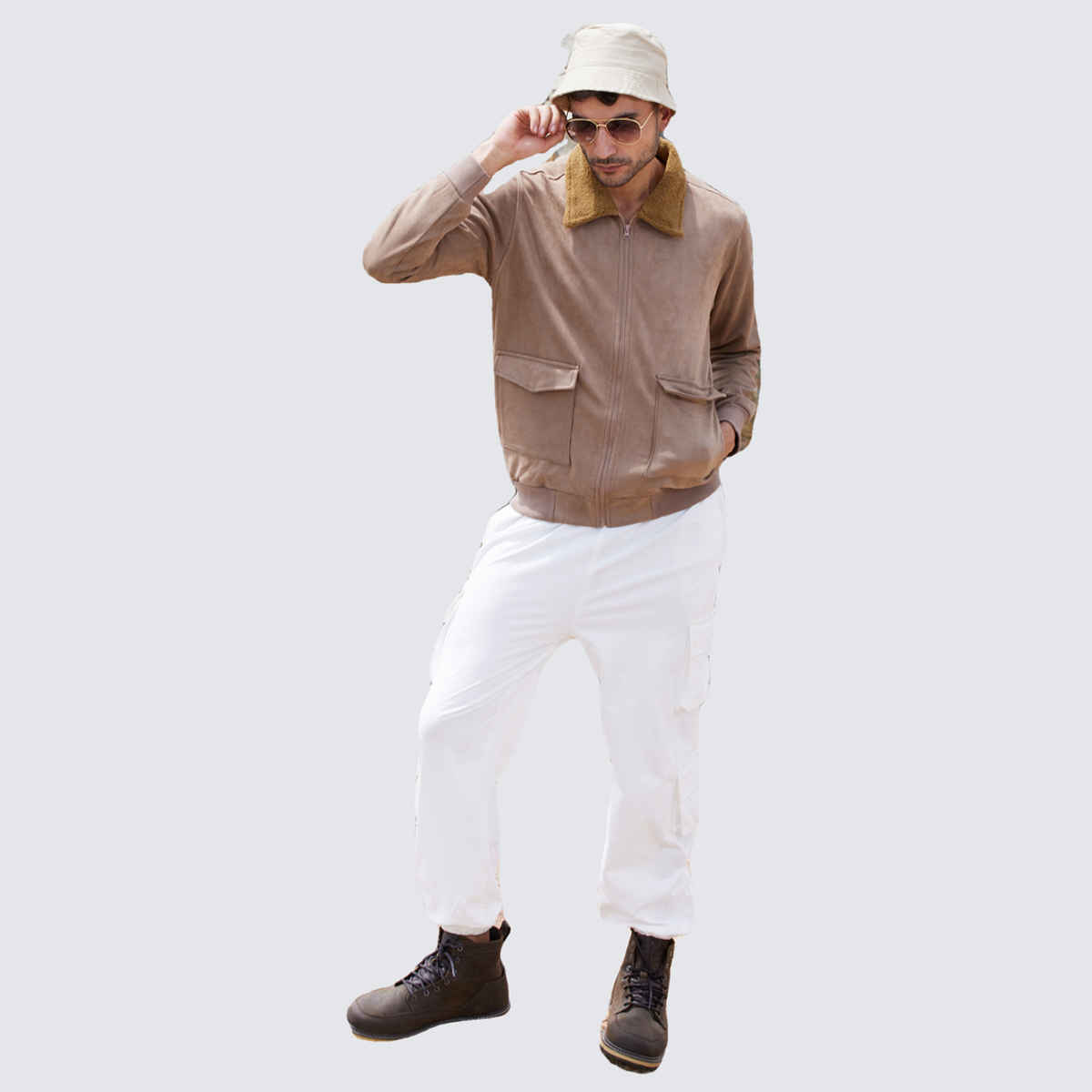 Campus Sutra Men's Zip-Front Jacket With Fleece Collar | Beige - L