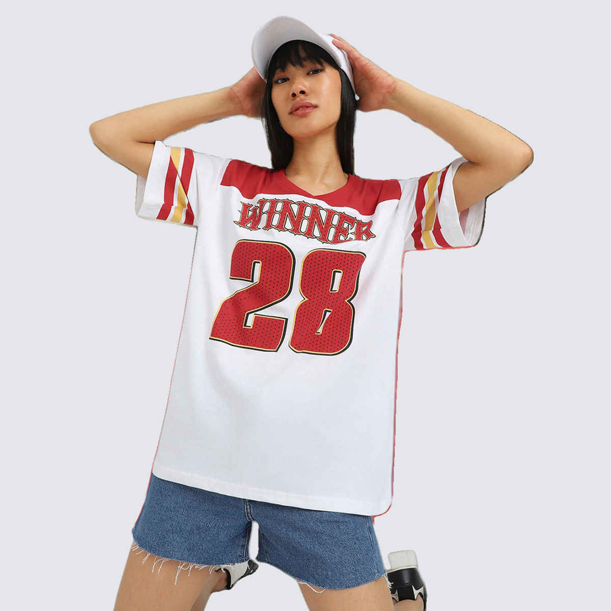 JUNEBERRY Women's Winner Graphic Printed Oversized T Shirt | OS WINNER 786 RD XL | White - XL