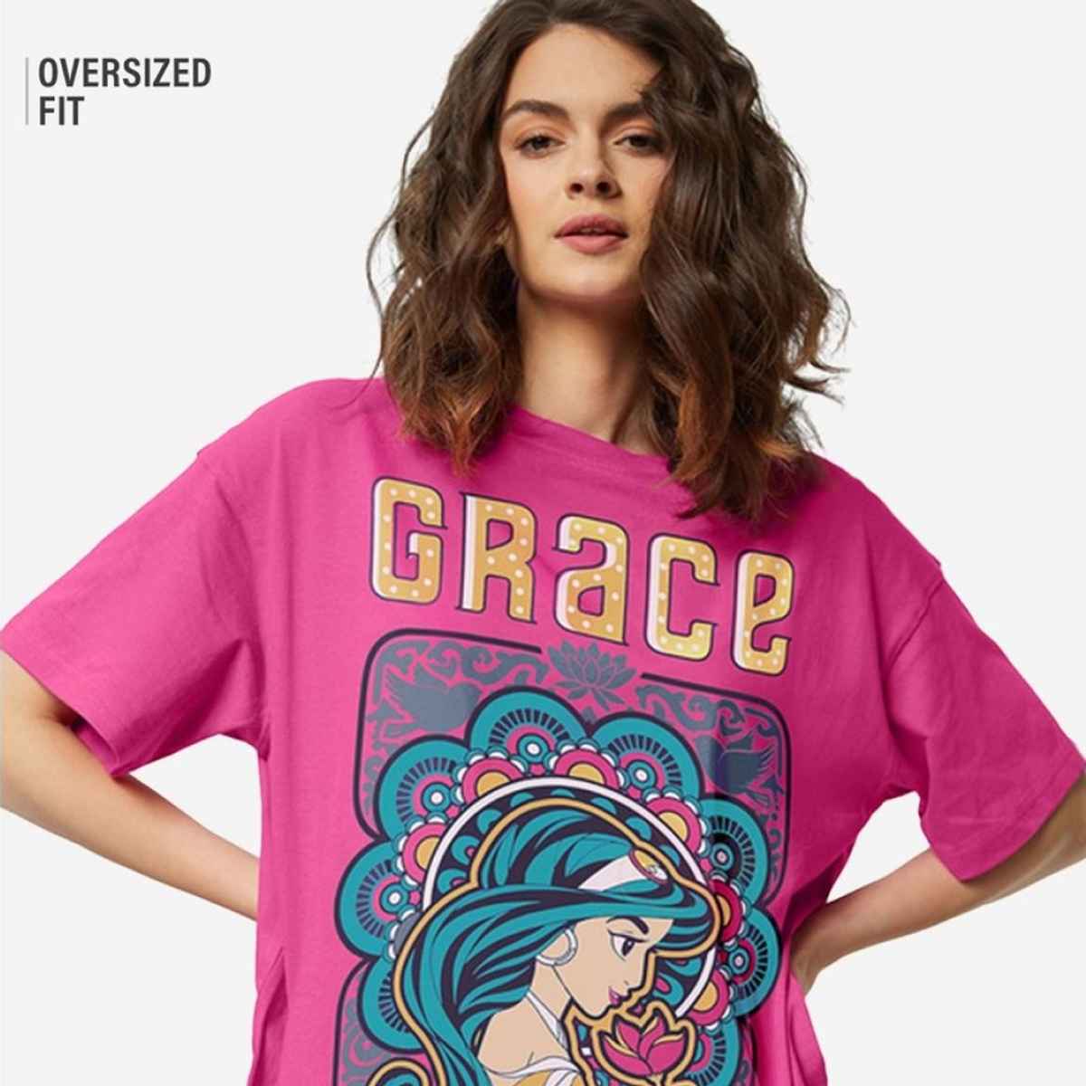 The Souled Store Women's Aladin Her Grace Oversized T-shirt | Pink - L