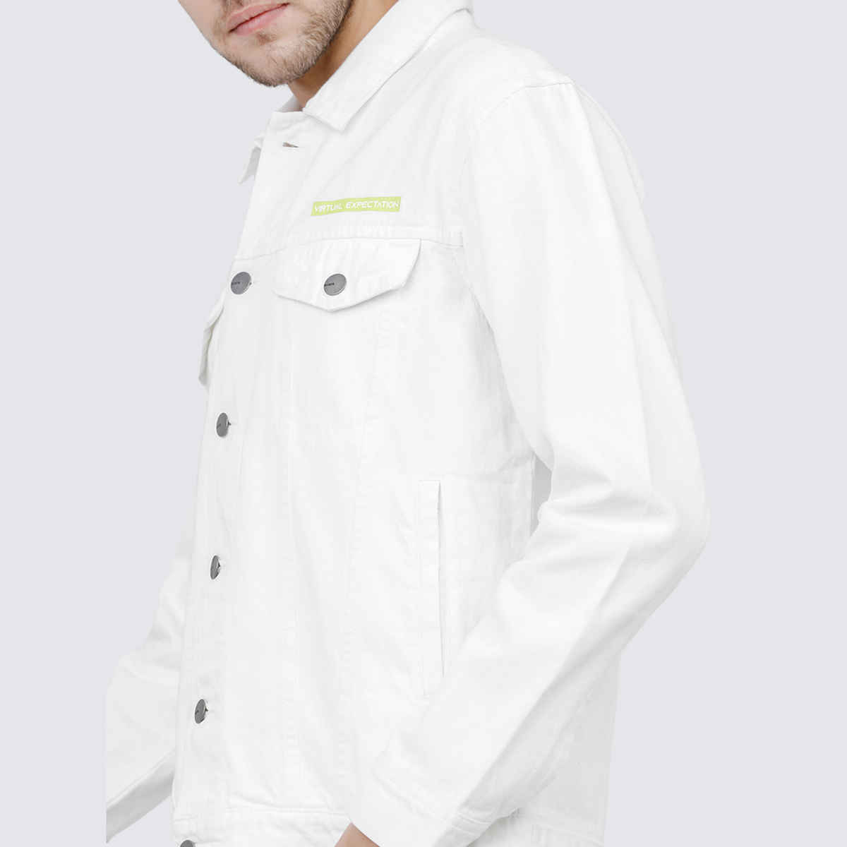 Highlander Men's White Solid Denim Jacket | White - XL