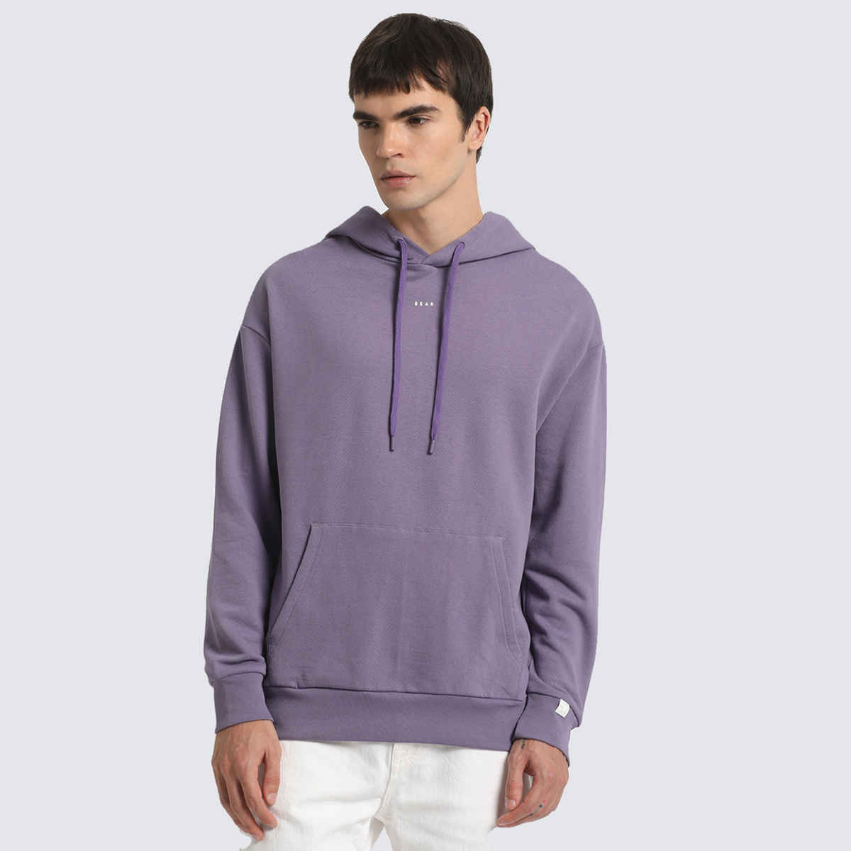 The Bear House Men's Solid Relaxed Fit Hoodie | Purple - XL