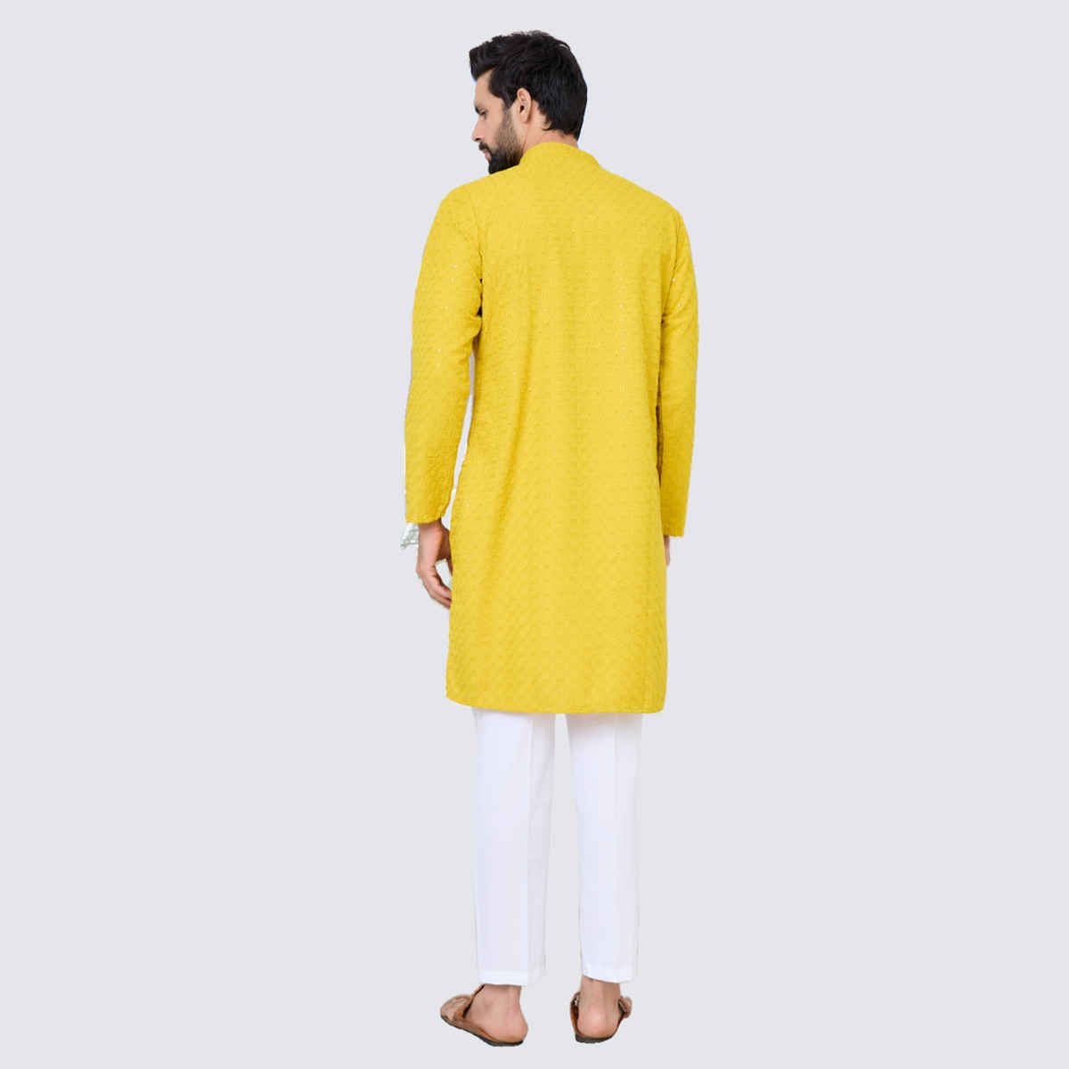See Designs Men's Embroidered Thread Work Sequinned Rayon Straight Kurta | Yellow - S