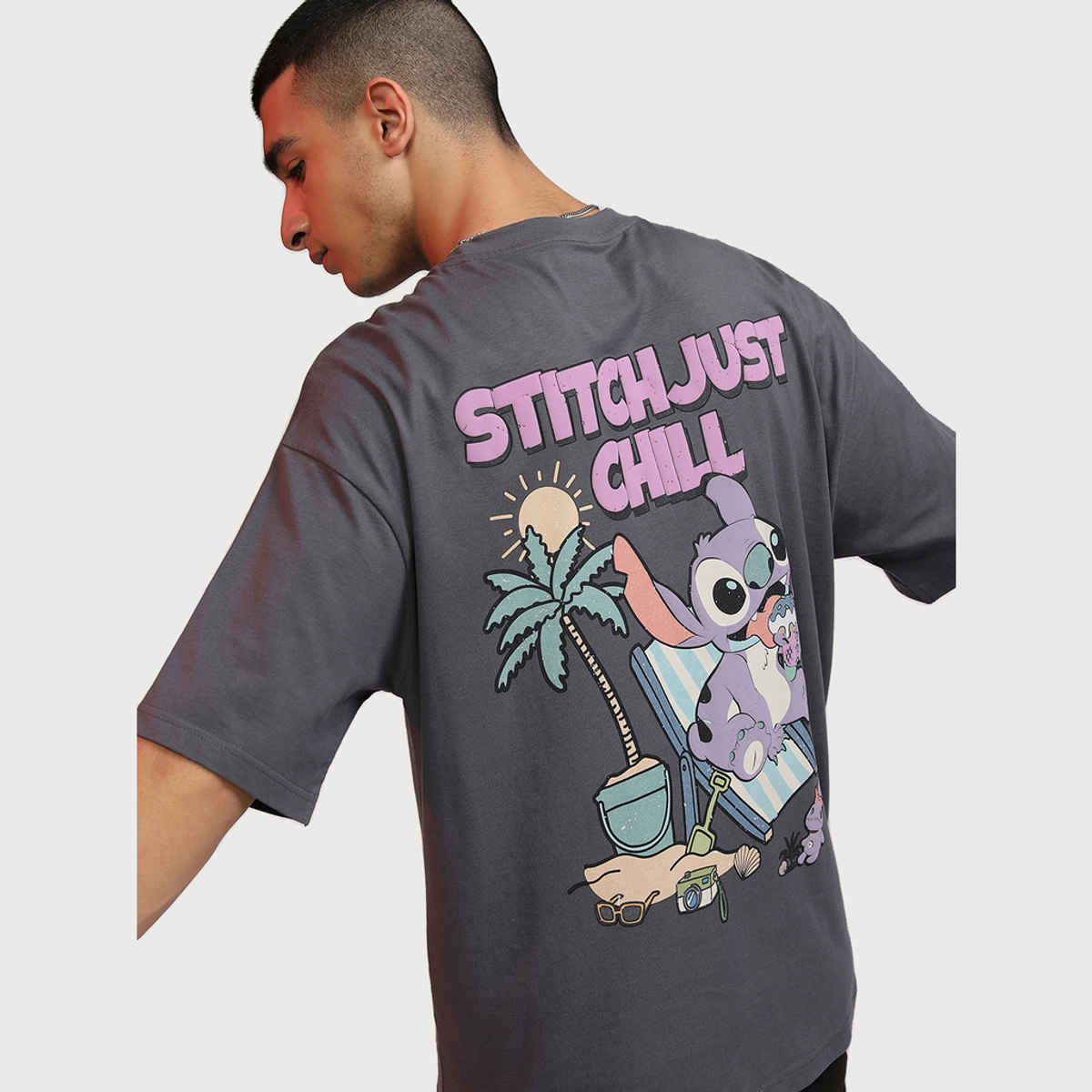 Highlander Men's Disney Stitch Printed Oversized Round Neck T-shirt | Grey - XL