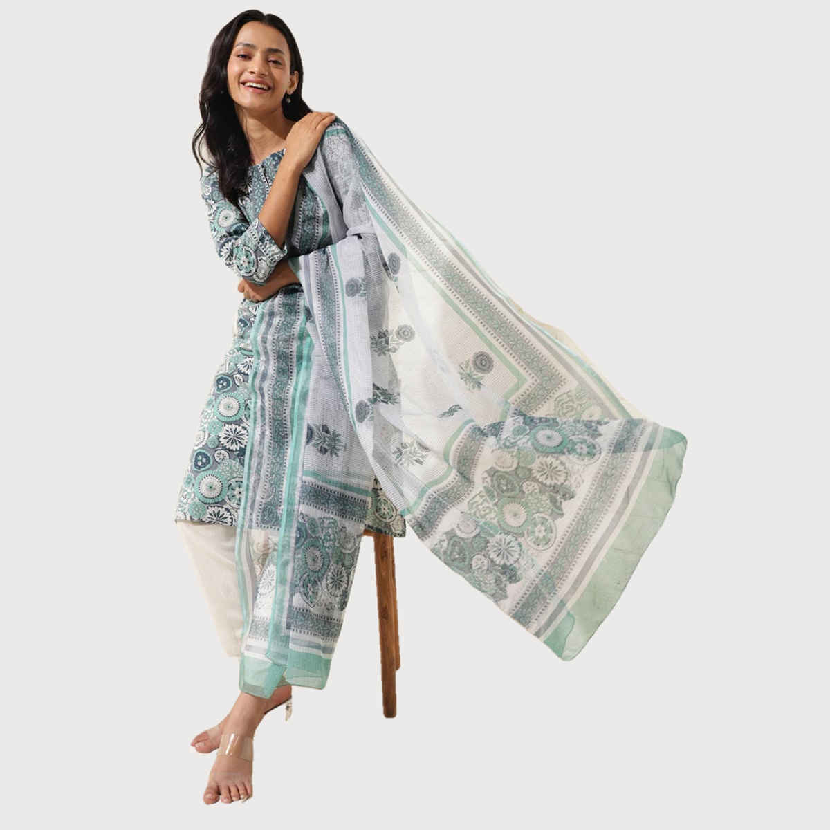Fabindia Women's Dupatta & Kurta Set Cotton Printed | Blue - L
