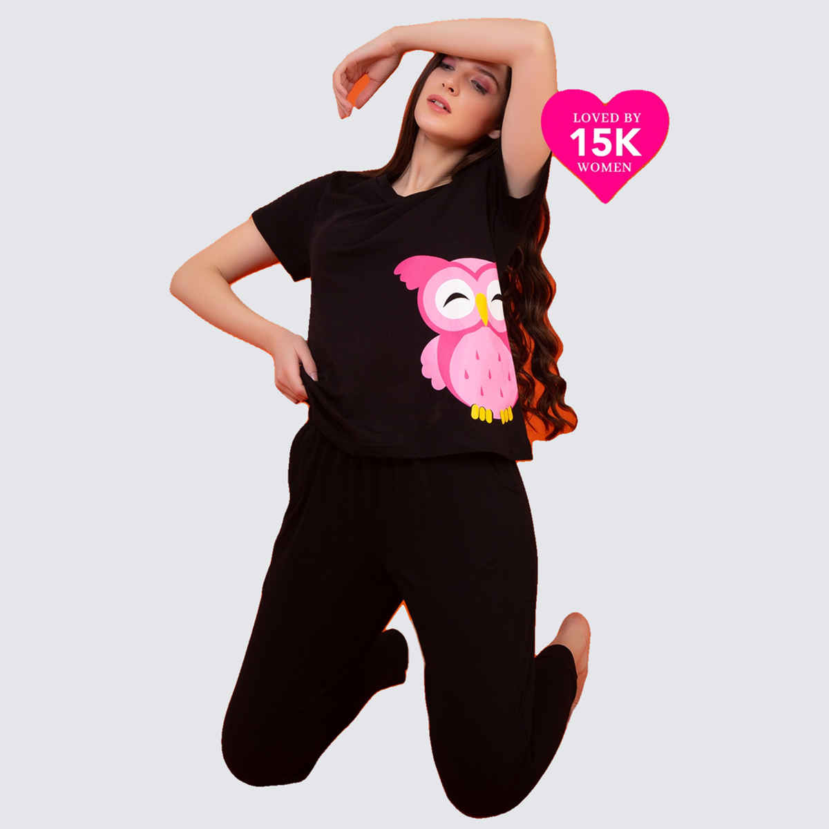 Clovia Owl Print Top & Pyjama Nightwear Set | 100% Cotton | Black | M