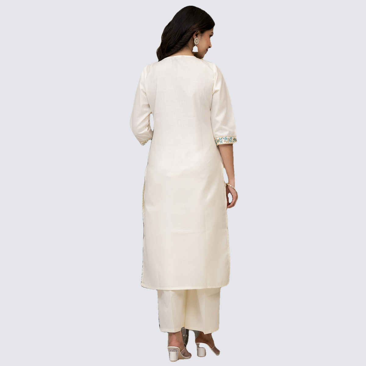 Vishudh Women's Embroidered Panel Straight Kurta with Palazzo & Dupatta | PVK3000003 | Cream - L