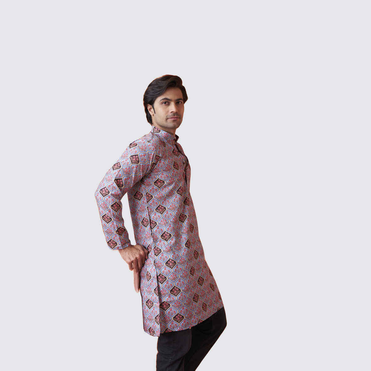 House Of Festivals Men's Printed Cotton Blend Long Kurta | Light Blue - XL