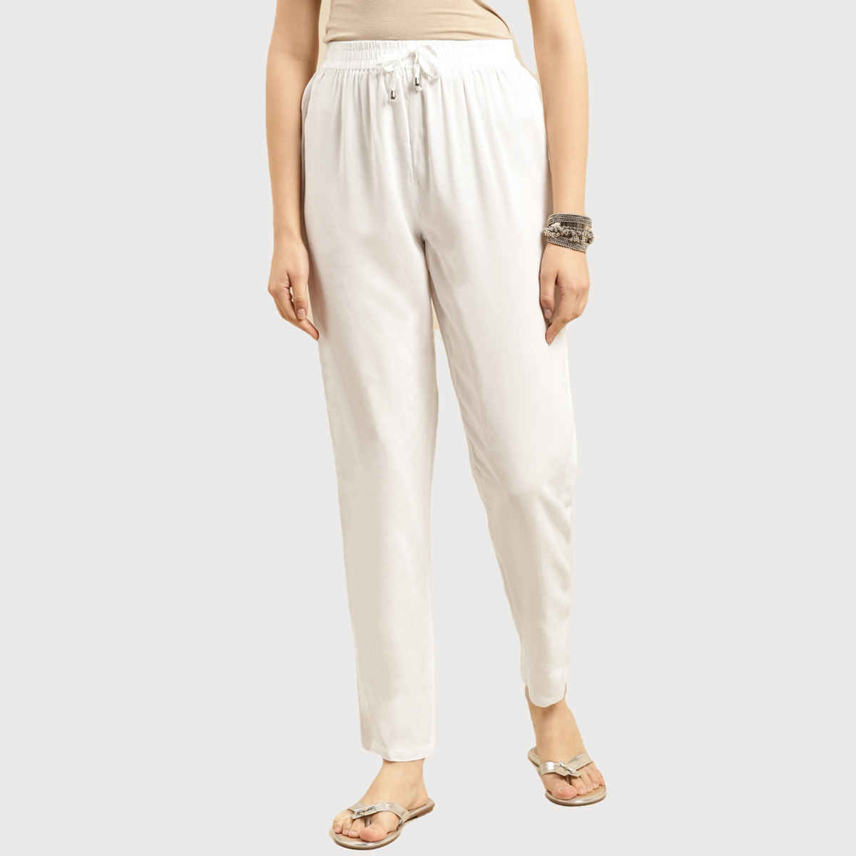 Rangita Women s White Rayon Solid Ankle Length Straight Pant | L