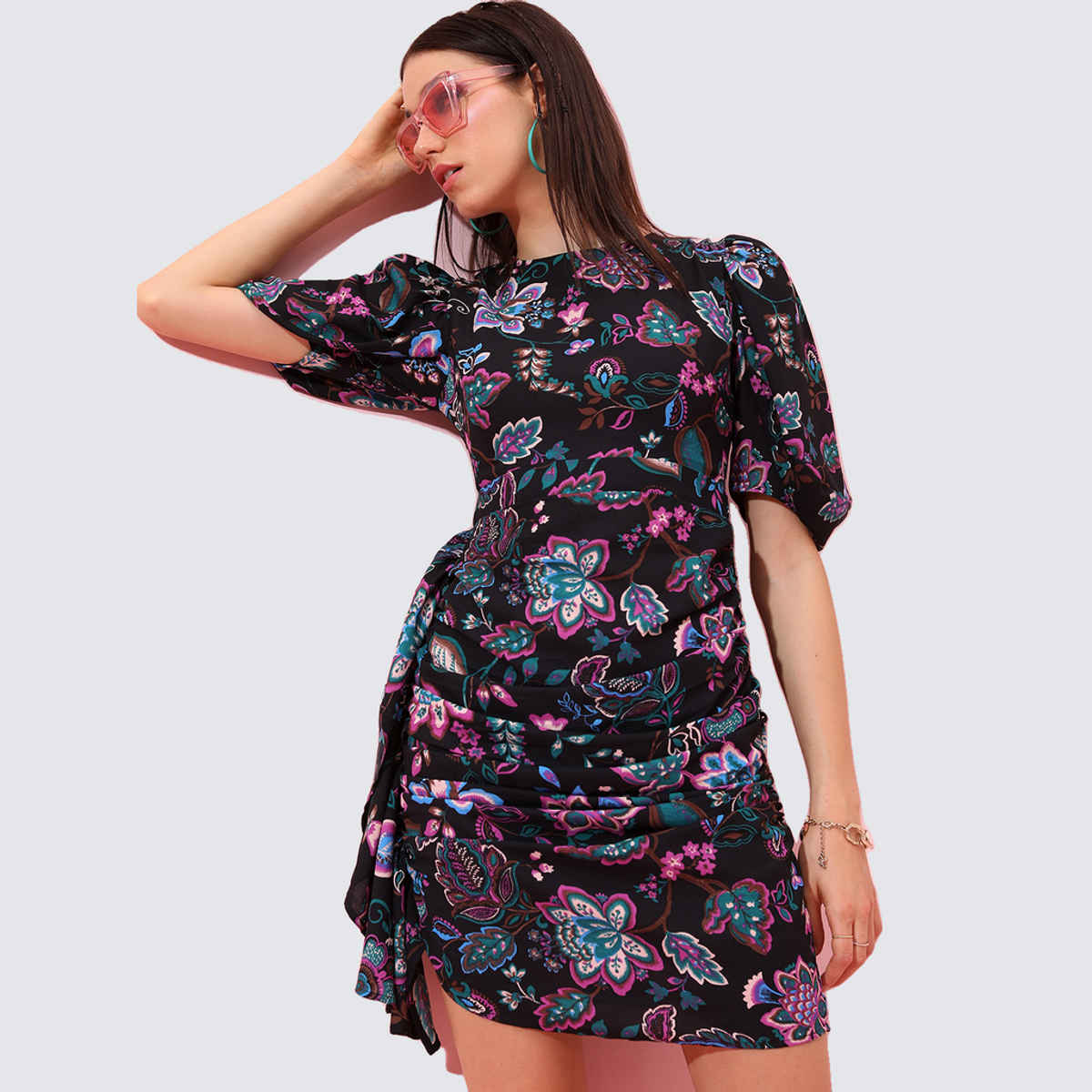 Tokyo Talkies Women's Floral Printed Sheath Mini Dress | Black - L