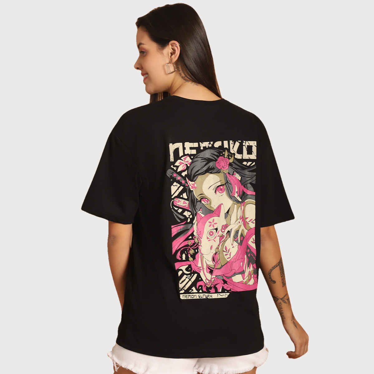 Fabflee Women Oversize Cotton Printed Round Neck Tshirt | Black | FAB-OS-512 | M