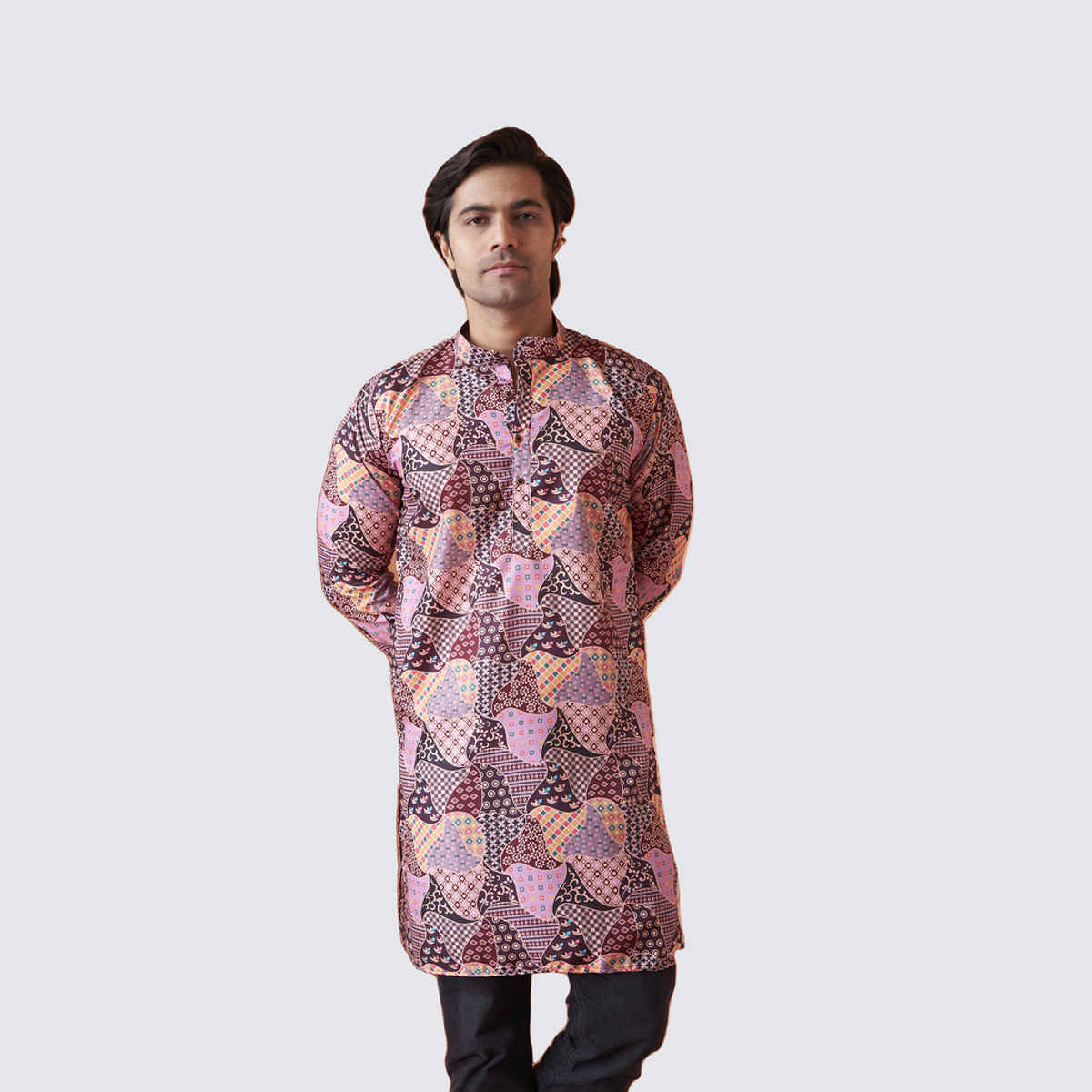 House Of Festivals Men's Printed Cotton Blend Long Kurta | Multicolor - XL
