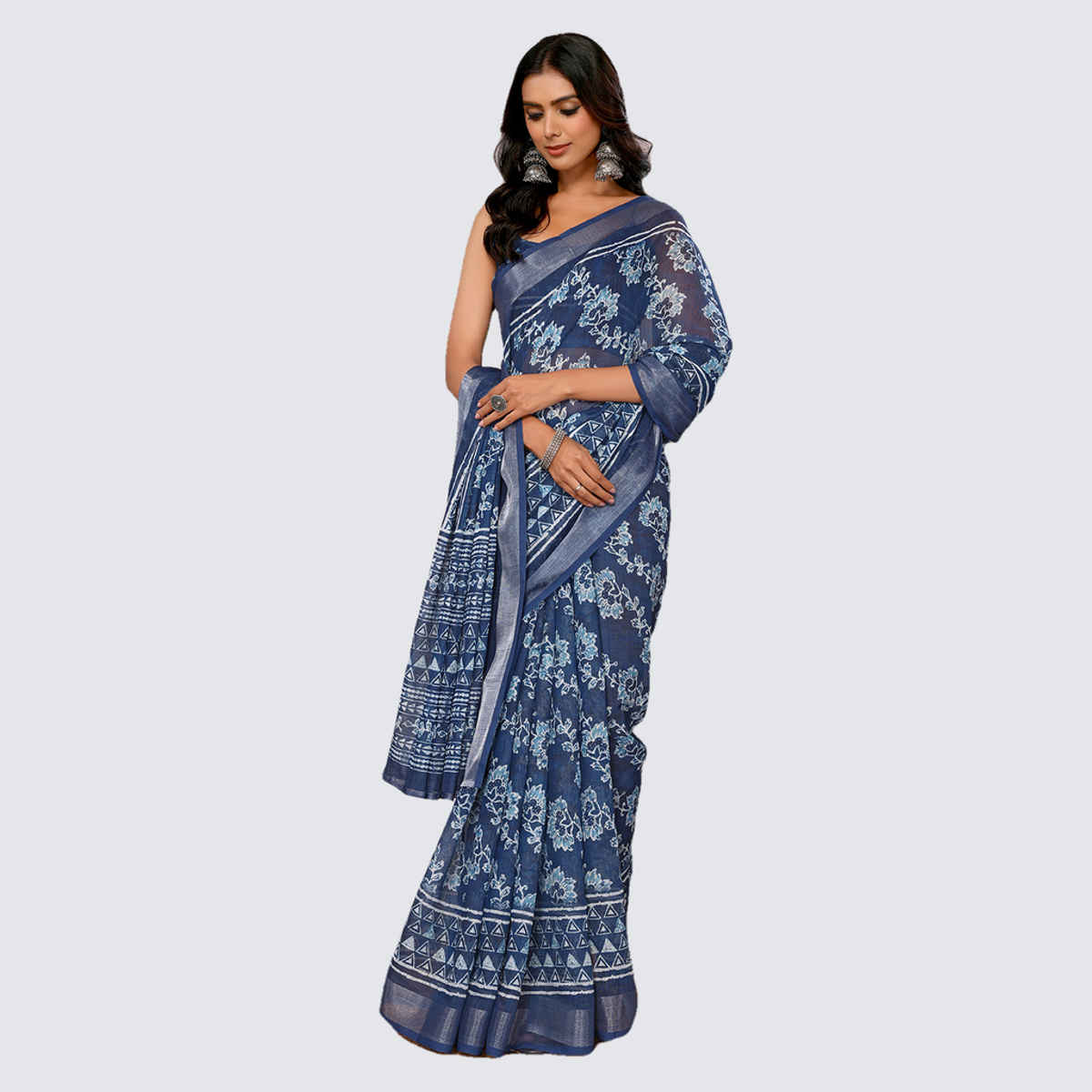Janasya Women's Cotton Linen Floral Printed Saree with Blouse Piece | SAR444 | Navy Blue