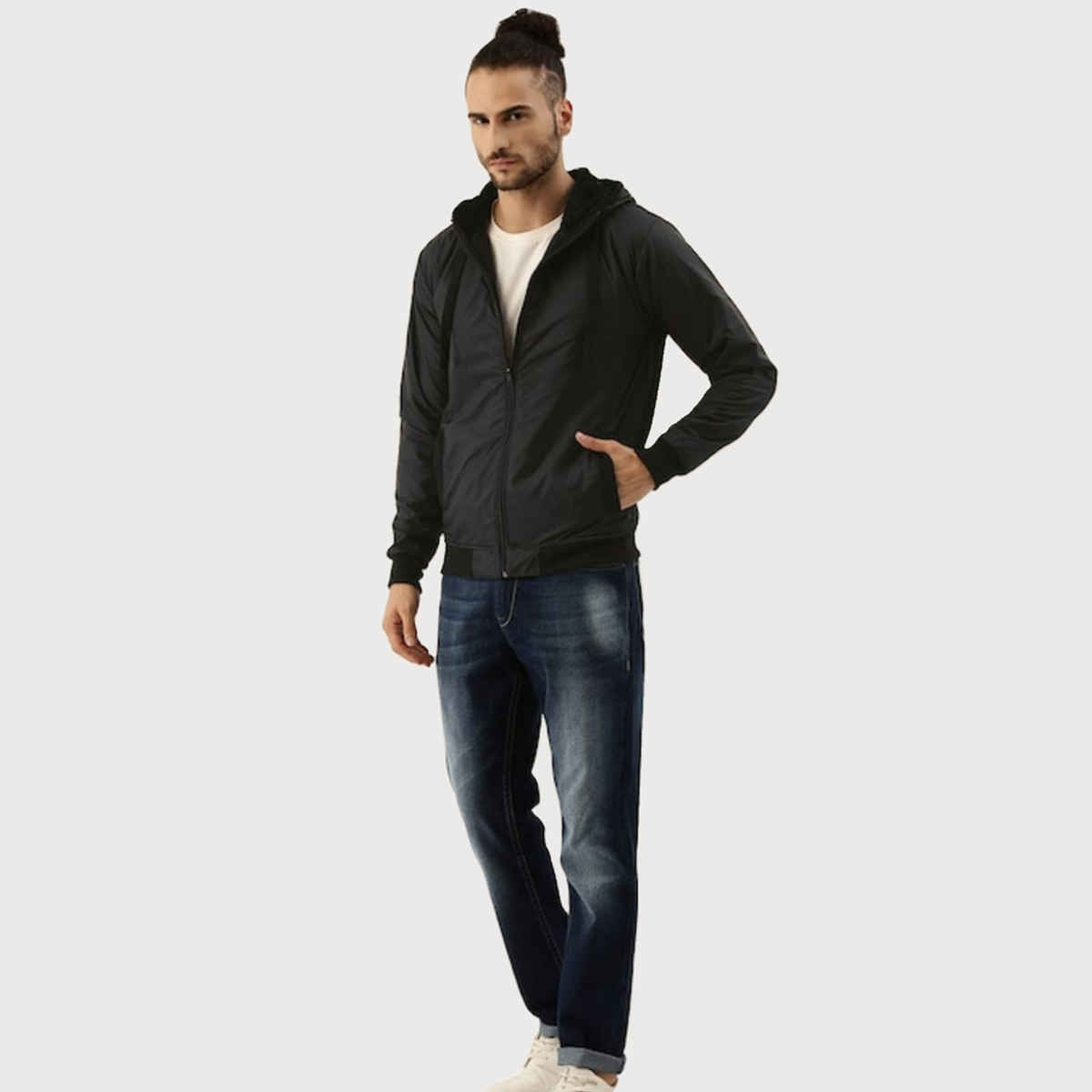Campus Sutra Men's Zip - Front Jacket With Ribbed Hem | Black - M