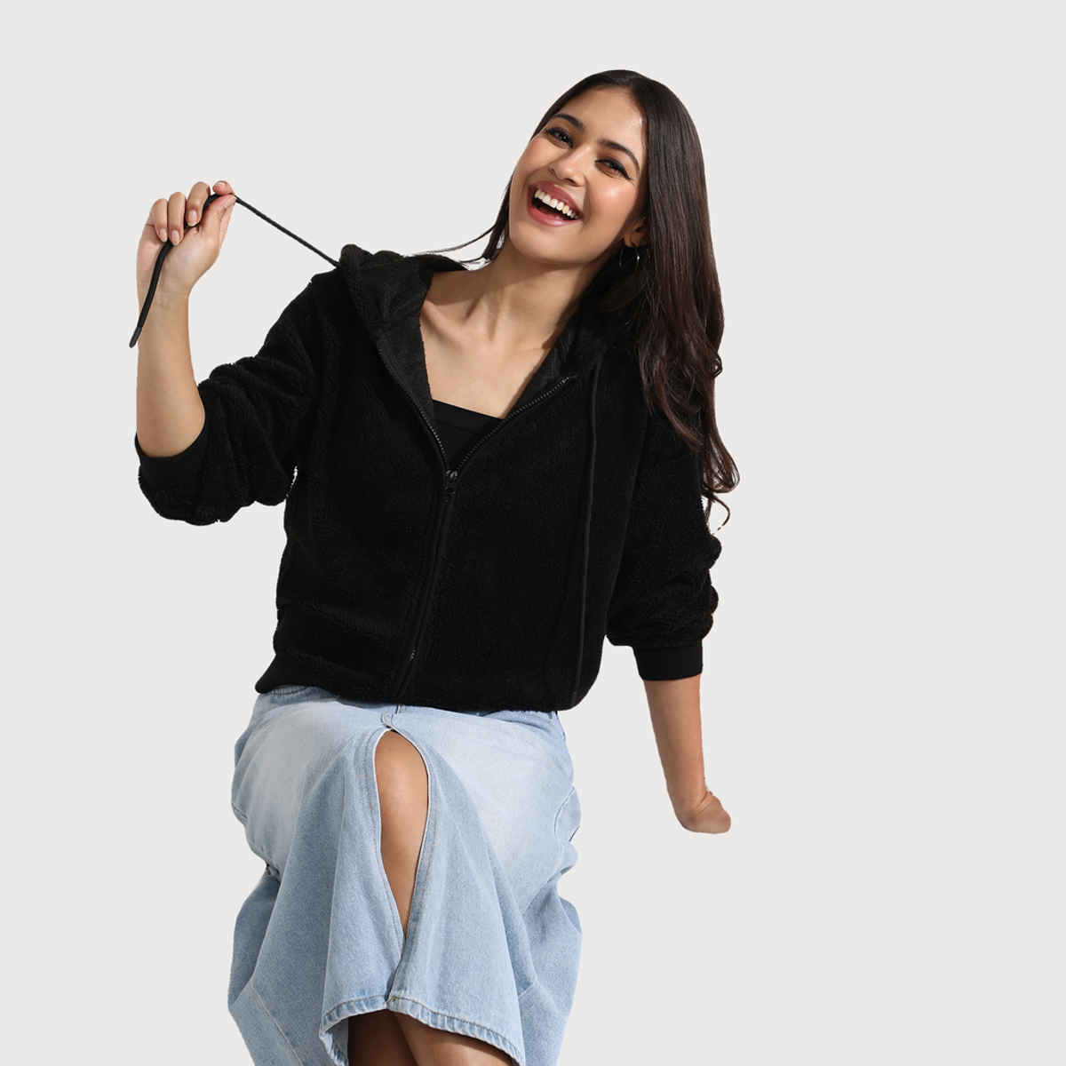 Campus Sutra Women's Fleece Hoodie with Zip-Closure | Black - L