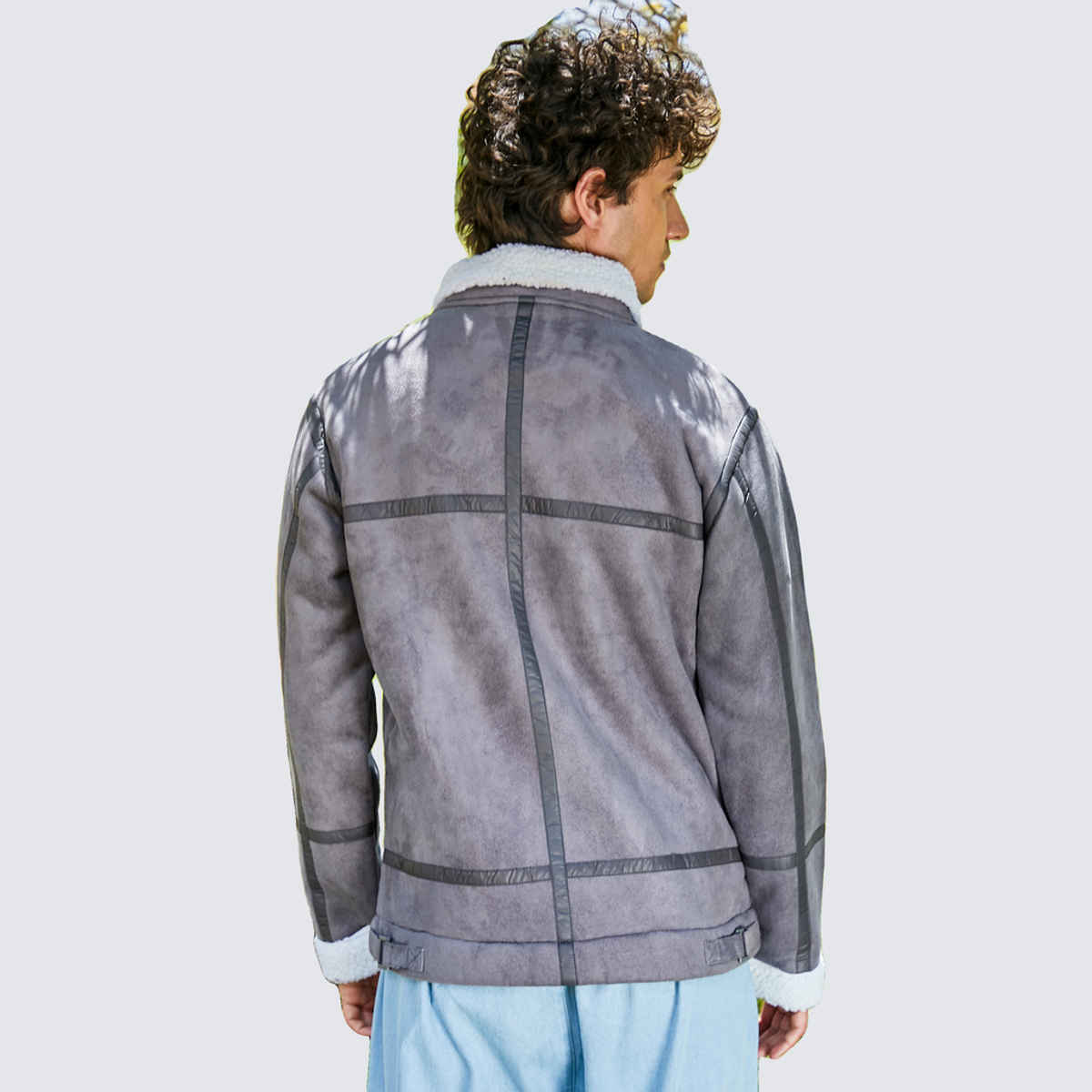 Campus Sutra Men's Fleece Lined Biker Jacket | Moon Grey & Chalk White - L