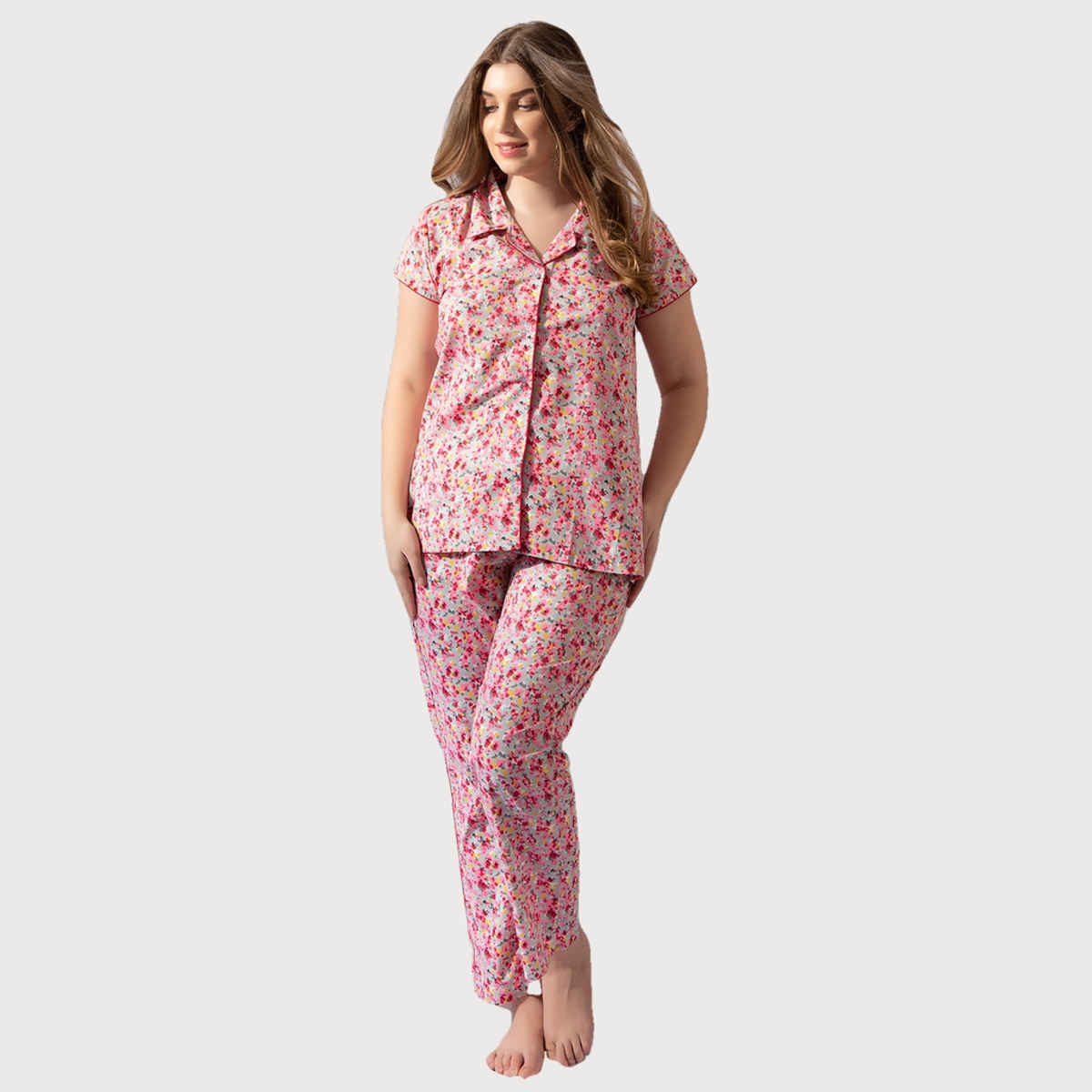 Clovia Print Me Pretty Button Down Shirt & Pyjama Set - Cotton Rich | Pink | XXL
