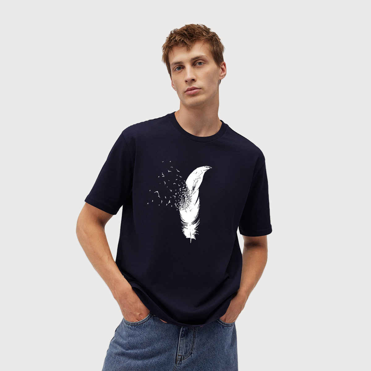 De Tees Men's Half Sleeve T-shirt | MHS-FEATHER | Navy - S