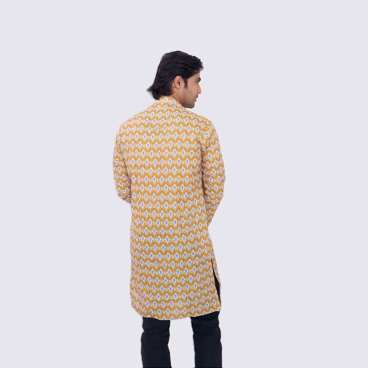 House Of Festivals Men's Printed Cotton Blend Long Kurta | Yellow - M