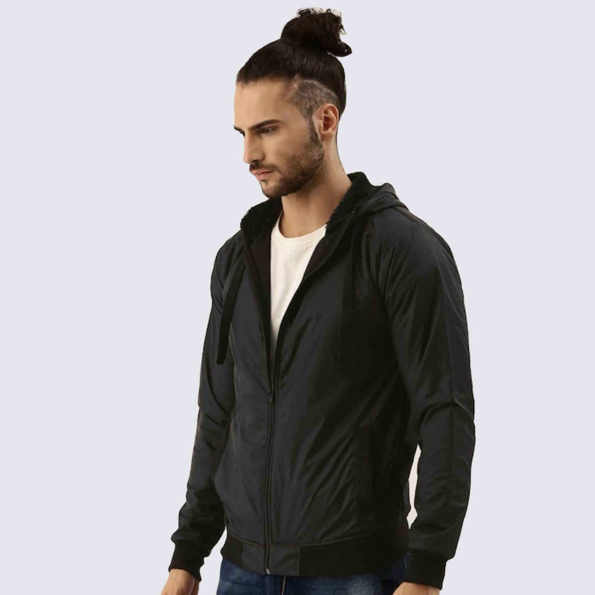 Campus Sutra Men's Zip - Front Jacket With Ribbed Hem | Black - M
