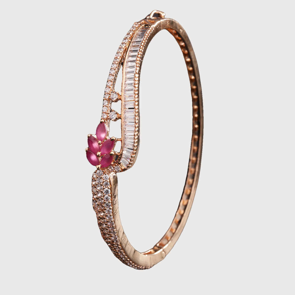 Priyaasi Rose Gold-Plated Ruby And American Diamond Studded Bracelet In Floral Pattern