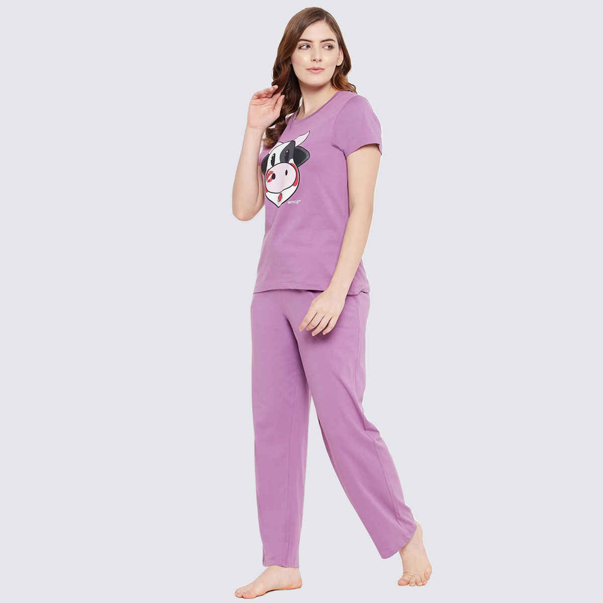 Clovia Cow Emoji Print Top & Solid Pyjama Set - 100% Cotton(Purple - L)