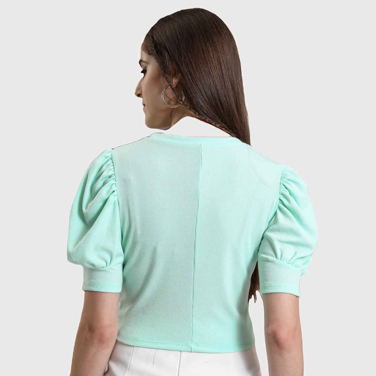 Tokyo Talkies Women's Puff Sleeve Knited Top | Green - L