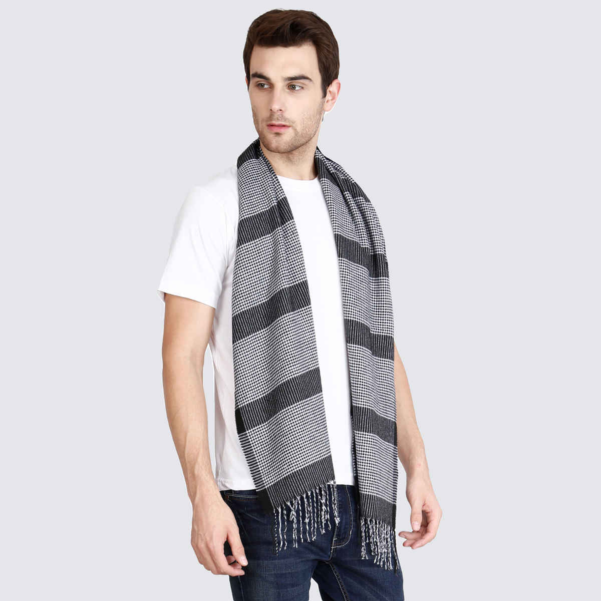 Fabseasons Men's Checkered Acrylic Wool Muffler | White - Free Size