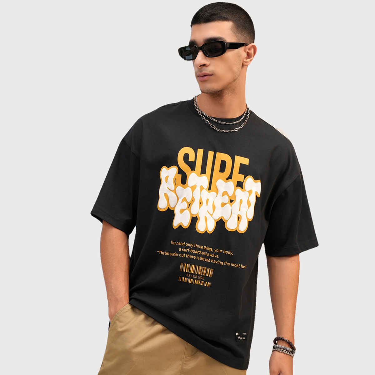 Highlander Men's Puff Printed Dropshoulder Oversized Round Neck Half Sleeve T-shirt | Black | L