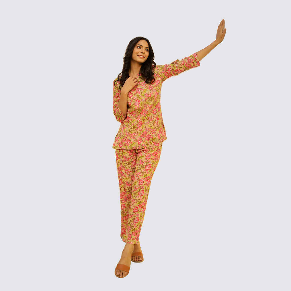 Sanskrutihomes Women Printed Pure Cotton Night Suit | Beige | S