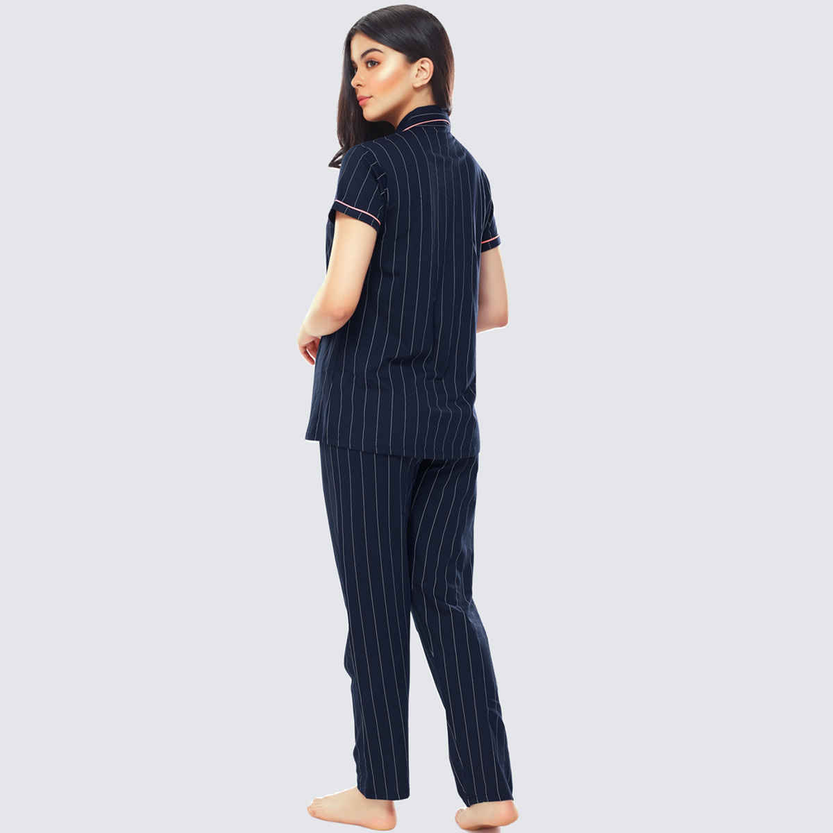 Zeyo Women's Cotton Strip Printed Navy Blue Night Suit Set of Shirt & Pyjama | 5261-XXL