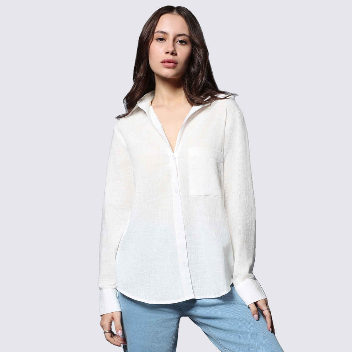 High Star Women White Long Sleeves Solid Oversized Casual Shirt (Size-S)