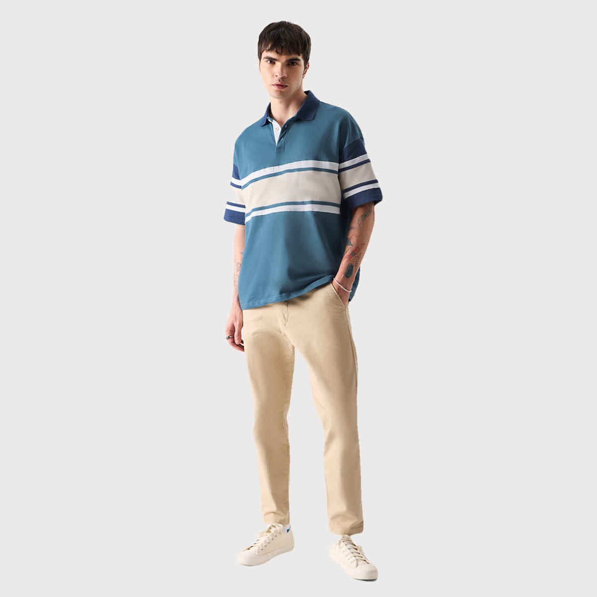 The Souled Store Men's Solids Colourblock Oversized Polo | Ocean Blue - L