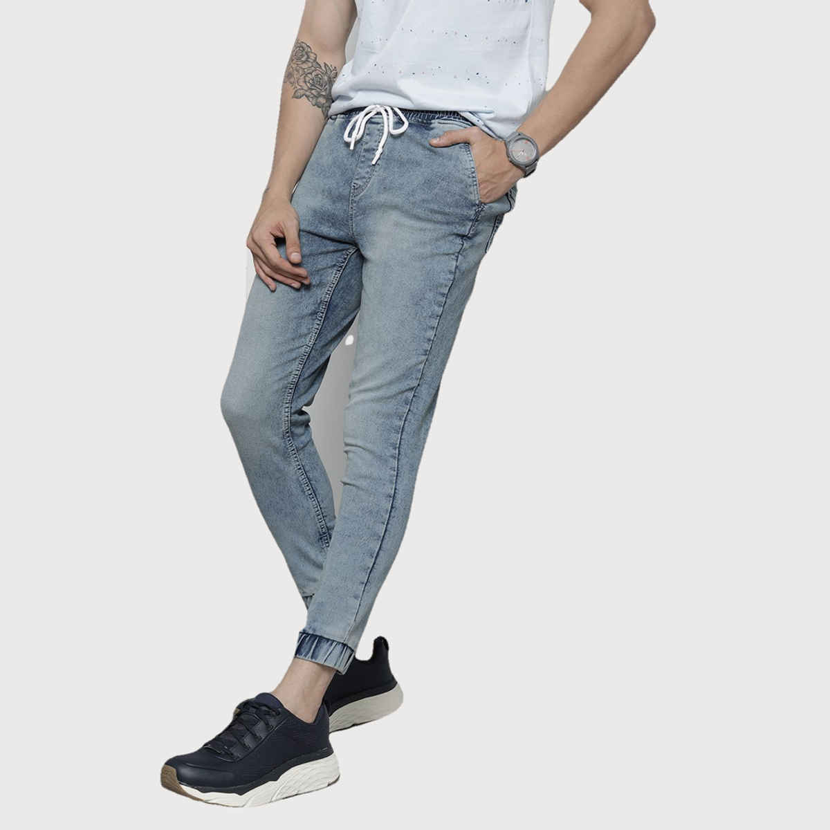 The Indian Garage Co Men's Slim Fit Solid Street Denim Jogger | Light Blue | 34