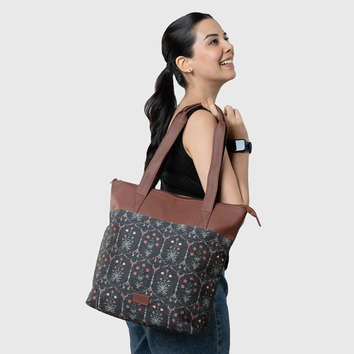 Zouk Women's Vegan Leather 15.5 L Double Handle Tote Bag | Black | Standard