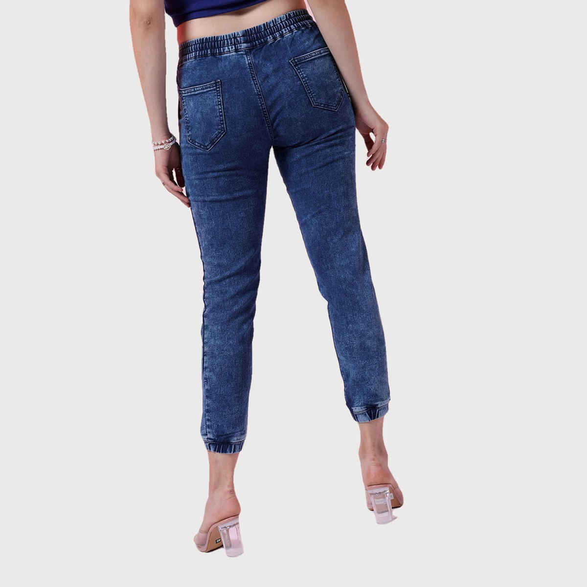 Freehand Women's Mid-Rise Dark Washed Joggers With Elasticated Drawstring At Waist | Blue - 28