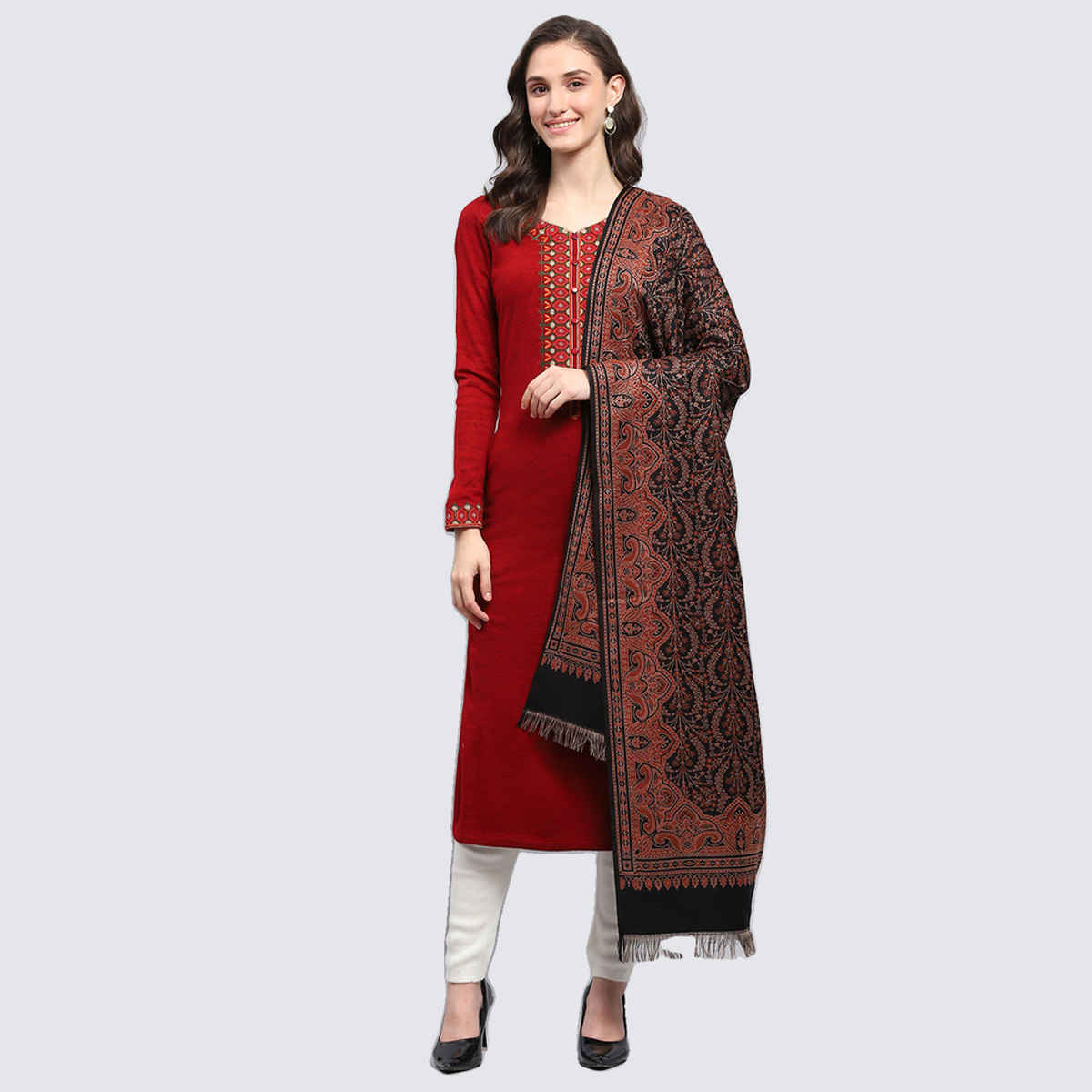 Monte Carlo Womens Self Design Black Shawl | 224Shw7073-0-40 | L 200 cm x W 100 cm