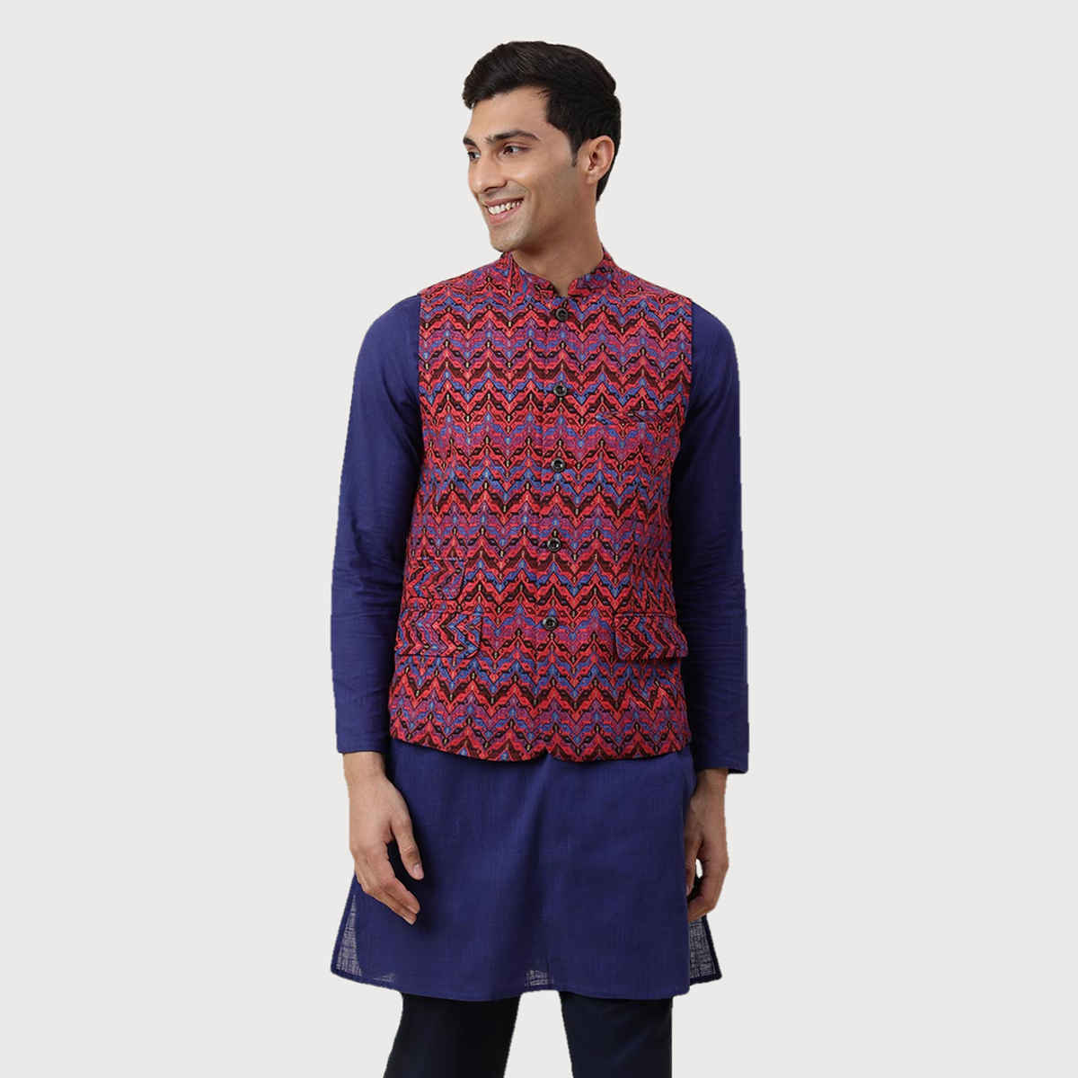 Fabindia Men's Nehru Jacket Cotton Printed Slim Fit | Maroon - S